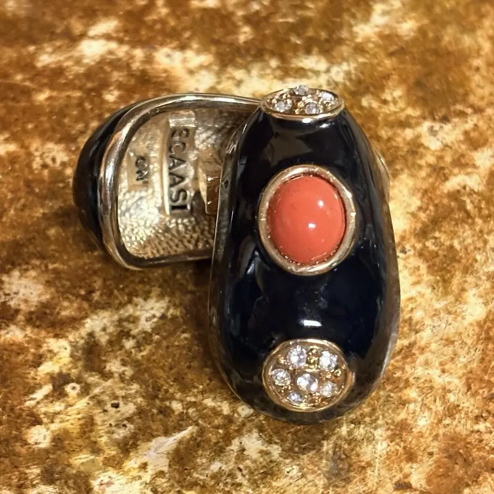 Scaasi 1980's Clip On Earrings Black Enamel, Rhinestones & Coral w/ Gold Vintage